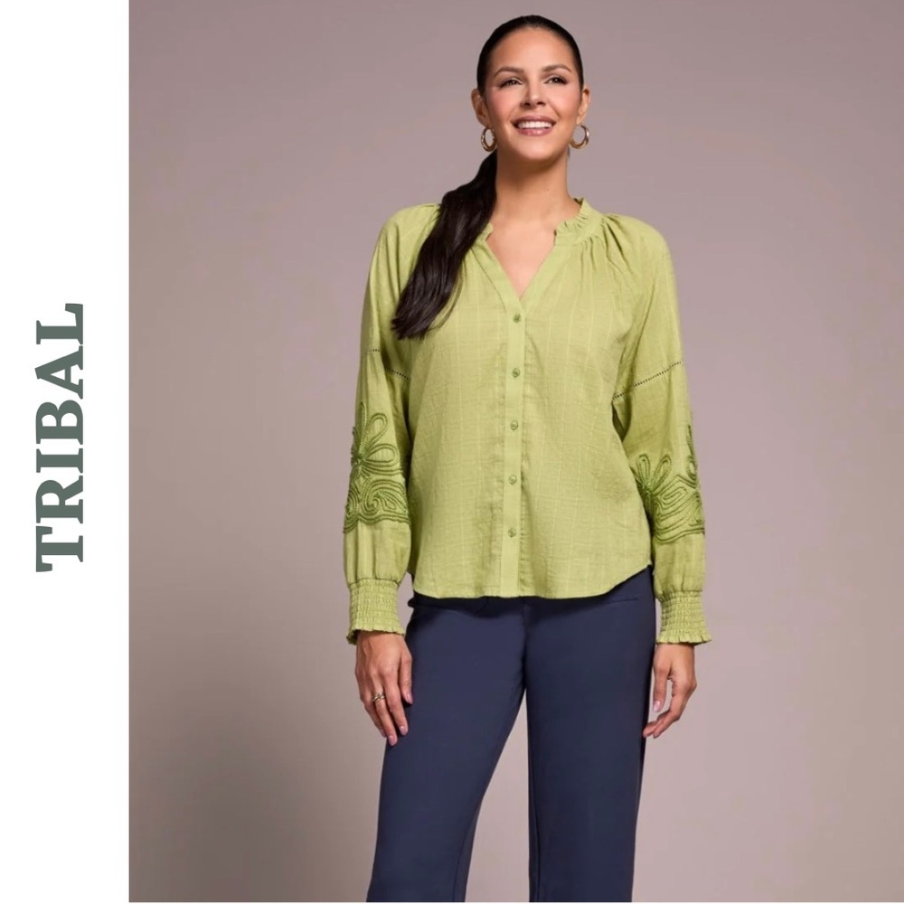 Tribal Wasabi Green Embroidered Cotton Blouse XS